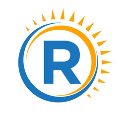 Solar Logo On Letter R Concept With Sun Icon. Solar System Symbol