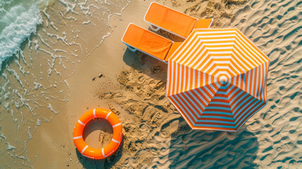 Top view of fine golden sand, a chaise longue and a striped orange beach umbrella, an inflatable rubber swimming circle. - obrazy, fototapety, plakaty