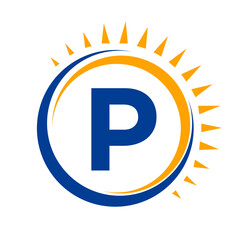 Solar Logo On Letter P Concept With Sun Icon. Solar System Symbol