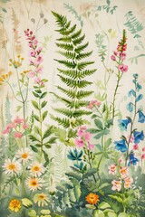 A vintage-style watercolor illustration of a wildflower meadow with ferns, daisies, and other blooms. The botanical details and soft colors create a charming and nostalgic atmosphere - obrazy, fototapety, plakaty