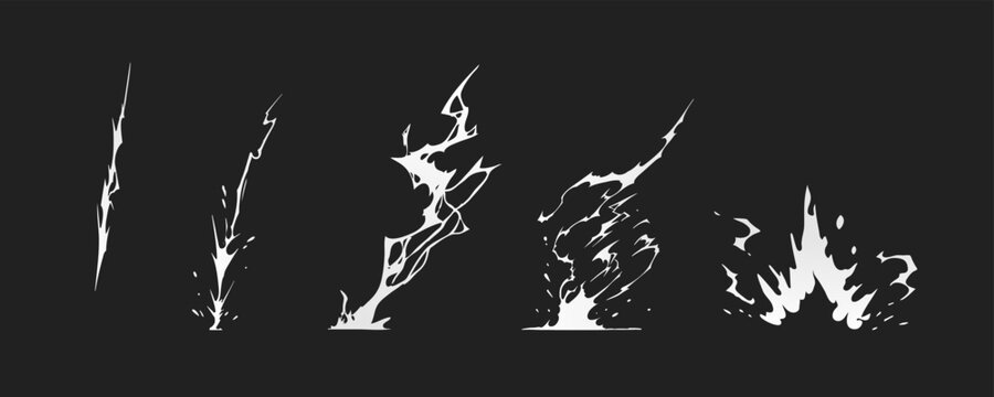 Lightning strike bolt silhouettes sequence vector illustration. Black thunderbolts and zippers are natural phenomena isolated on a dark background. Thunderstorm electric effect of light shining flash.