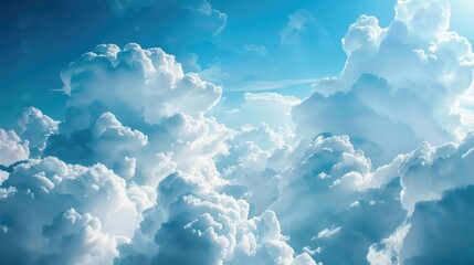A plane soaring through the fluffy white clouds. Suitable for travel and aviation concepts - obrazy, fototapety, plakaty