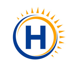 Fototapeta premium Solar Logo On Letter H Concept With Sun Icon. Solar System Symbol