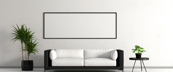 This minimalist living room exudes sophistication with its sleek black sofa against a backdrop of crisp white walls, featuring a pristine empty frame waiting for adornment. - obrazy, fototapety, plakaty