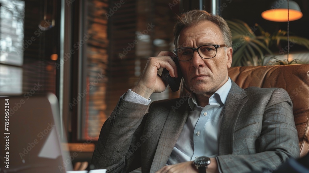 Poster a man sitting in a chair talking on a cell phone. suitable for business communication concepts
