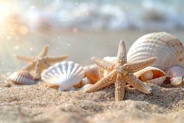 Fototapeta na wymiar Seashells and starfish on a beautiful sandy beach, perfect for beach-themed designs