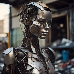 Portrait of a Futuristic Humanoid AI Robot Made of Old Rustic Scrap Metal