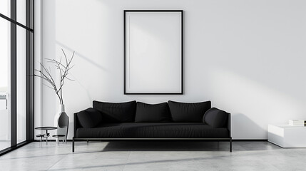 This minimalist living room exudes sophistication with its sleek black sofa against a backdrop of crisp white walls, featuring a pristine empty frame waiting for adornment. - obrazy, fototapety, plakaty