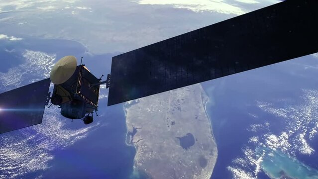 High Tech Satellite Flying Over Planet Earth. Majestic Scene. Technology And Space Related 3D Animation.