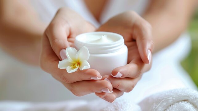 Elegant female hands applying cream or lotion, embodying spa and manicure concepts. The hands feature a French manicure, representing soft skin and skincare care.