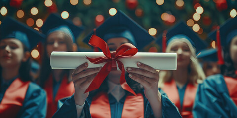 A graduate holds a white rolled diploma with a red ribbon in front of her fellow graduates. Concept...