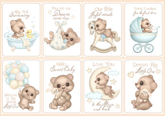 Baby milestone cards with cute cartoon baby bears. Newborn special moments. Celebrating birth of baby boy and child growth with funny animals, Baby shower clipart, nursery print, birthday poster - 786950539