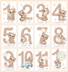 Baby first year milestone cards with cute cartoon baby bears. Newborn month cards. Kids age tags Numbers and Teddy Bear. Monthly celebrating child birth growth with funny characters, nursery print - obrazy, fototapety, plakaty