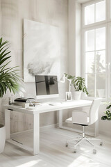 Tranquil office environment with minimalist design and a pristine white frame, encouraging productivity and innovation.