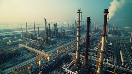 A large oil refinery with complex pipe system. Suitable for industrial concepts - obrazy, fototapety, plakaty