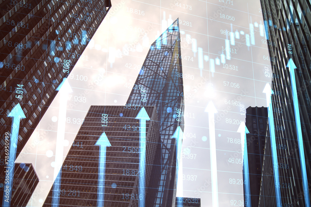 Poster abstract growing blue vertical arrows and candlestick forex chart on blurry city index grid texture.
