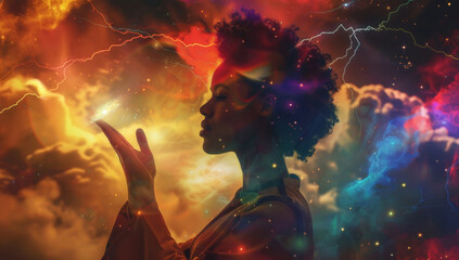Double exposure, abstract and spiritual woman in galaxy with dream of color clouds or zen in universe. Sky, cosmic and person with calm by psychedelic, constellation and space background with stars.