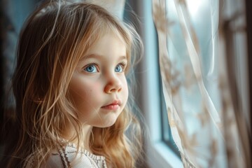 A little girl gazing out of a window. Suitable for various concepts