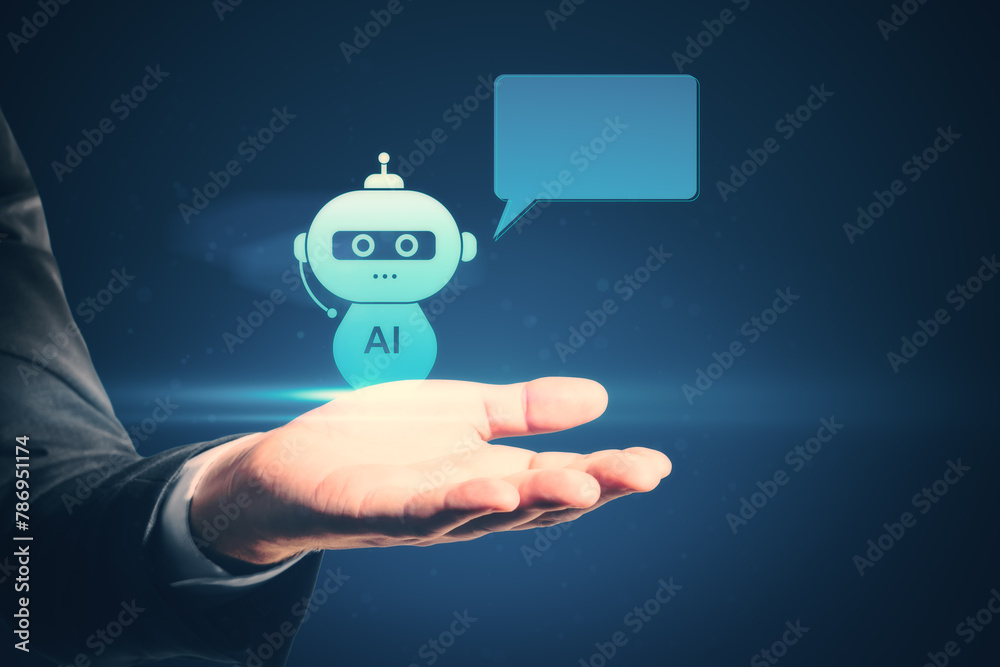 Poster Close up of male hand holding creative AI robot hologram with speech bubble for your text on blue background. Chat GPT and customer support concept.