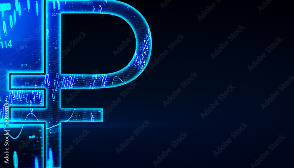 Aufkleber creative tech ruble sign on dark background with mock up place. crypto, online banking, digital tran