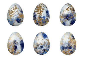 Bird Easter blue and gold egg watercolor illustration set. Hand drawn various quail egg, Isolated on white background