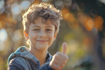 A cheerful young boy giving a thumbs up gesture. Perfect for positive concepts and success themes - obrazy, fototapety, plakaty