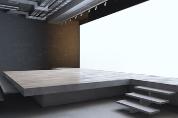 Professional presentation space with white screen on a textured wooden stage. 3D Rendering