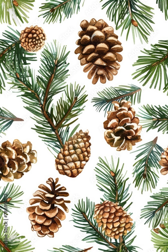 Poster pine cones and branches on a white background. suitable for winter and nature themes