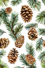 Pine cones and branches on a white background. Suitable for winter and nature themes