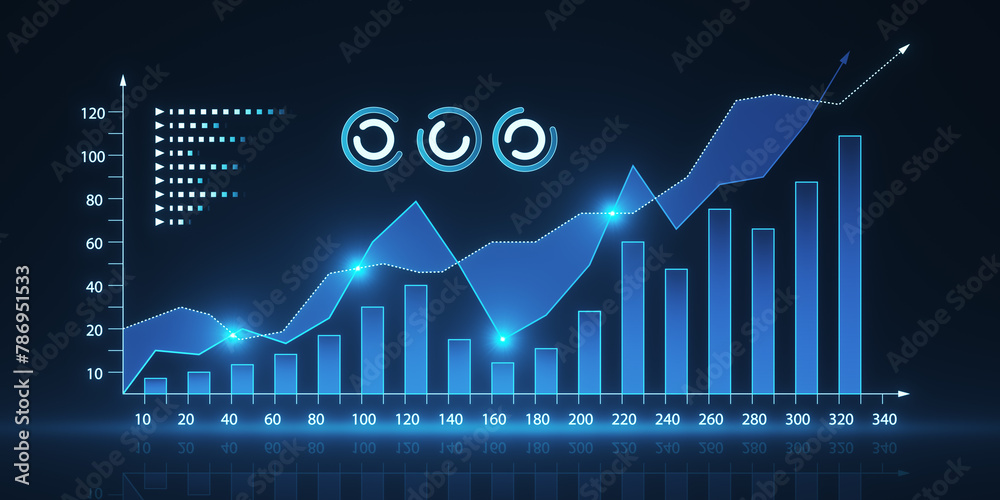 Poster creative growing digital business chart on blue background. business strategy development and growth