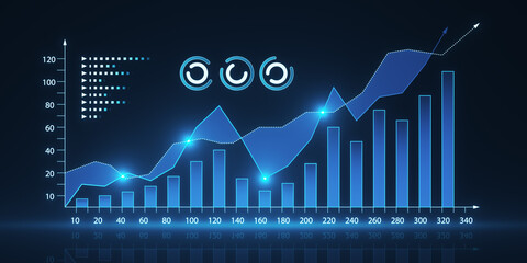 Creative growing digital business chart on blue background. Business strategy development and growth plan. 3D Rendering.