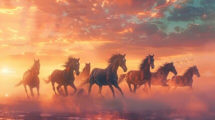 Fototapeta na wymiar Seven horses galloping through a desert sandstorm against a backdrop of a beautiful sunrise sky. This scene evokes a sense of luxury, suitable for a poster or wallpaper.
