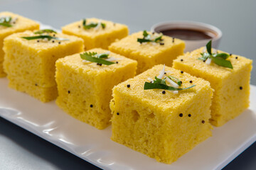 Yellow dhokla plated in a white plate on a grey background with negative space to write copy.