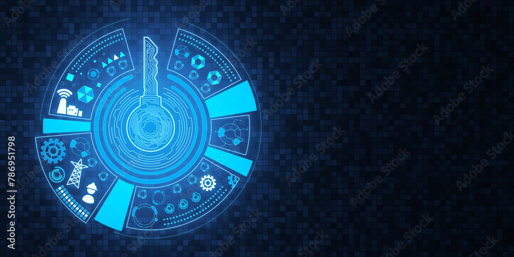 Poster Creative round digital key hologram on blue tech background with mock up place. Concept of cyber security or private key, abstract digital key with technology interface. 3D Rendering.