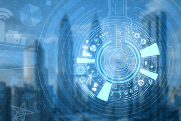 Creative round digital key hologram on blurry blue city backdrop. Concept of cyber security or private key, abstract digital key with technology interface. Double exposure.