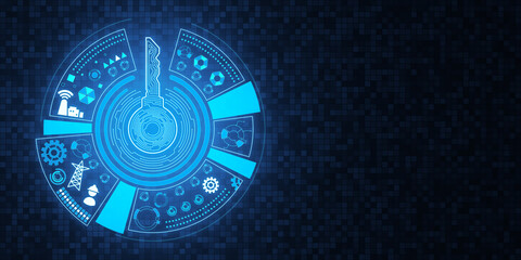 Creative round digital key hologram on blue tech background with mock up place. Concept of cyber security or private key, abstract digital key with technology interface. 3D Rendering.