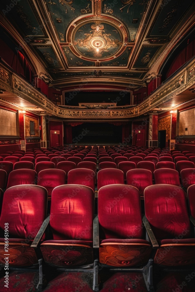 Aufkleber An empty theater with red seats and a high ceiling. Suitable for various entertainment or event concepts