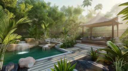 Nature's Sanctuary: Balinese or Tropical Style Garden Offering Peace and Serenity - obrazy, fototapety, plakaty