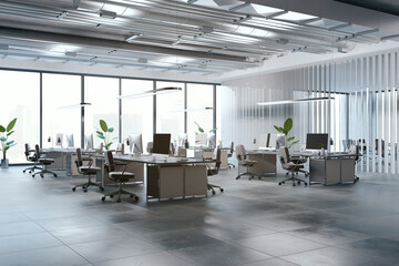 Modern coworking office interior with windows and city view, partition, furniture and computers. 3D...