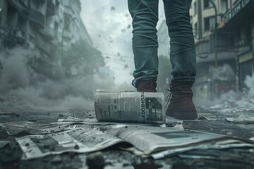 A person standing on top of a pile of newspapers. Ideal for news, journalism, and information concepts