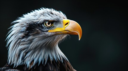 Fototapeta premium A stunning close-up shot capturing the intense gaze and intricate feather detail of a bald eagle, with a dark, blurred background emphasizing its features