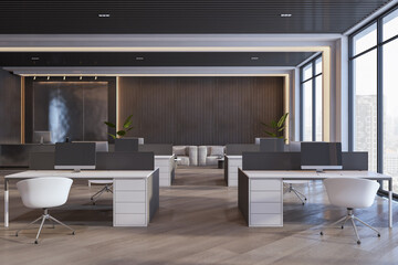 Sophisticated office interior with dark wood elements and expansive city view. 3D Rendering