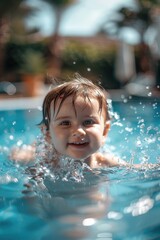 Fototapeta na wymiar A small child enjoying a swim in a pool. Great for summer-themed designs