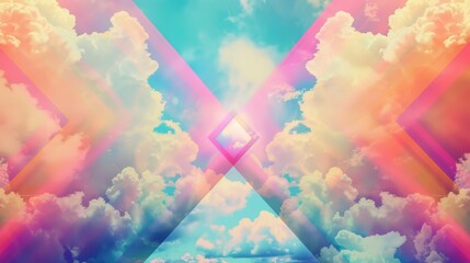 90s Geometric patterned rainbow and fluffy clouds, kaleidoscope colors - obrazy, fototapety, plakaty