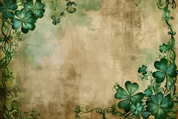 Vintage style background decorated with green clovers and intricate patterns.