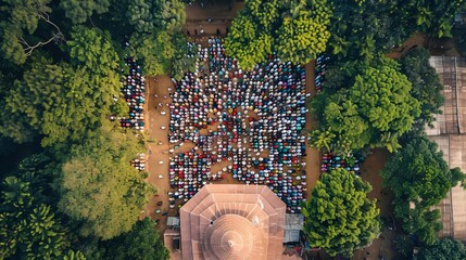 Bird's-eye view of Eid-ul-Fitr celebration with people praying outdoors.