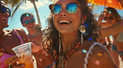 smiling young woman at summer beach party drinking summer cocktails with friends