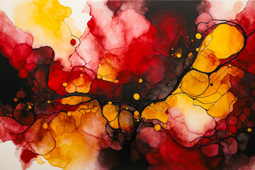 Abstract Painting Drawn With Alcohol Ink In Red And Black Color With Addition Of Yellow - obrazy, fototapety, plakaty