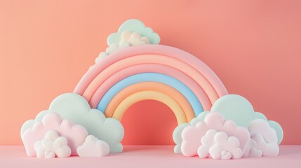Minimalist geometric shapes forming a rainbow with fluffy clouds, soft pastel colors, modern style - obrazy, fototapety, plakaty