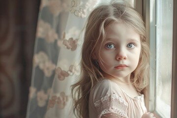 A young girl gazing through a window, suitable for various concepts